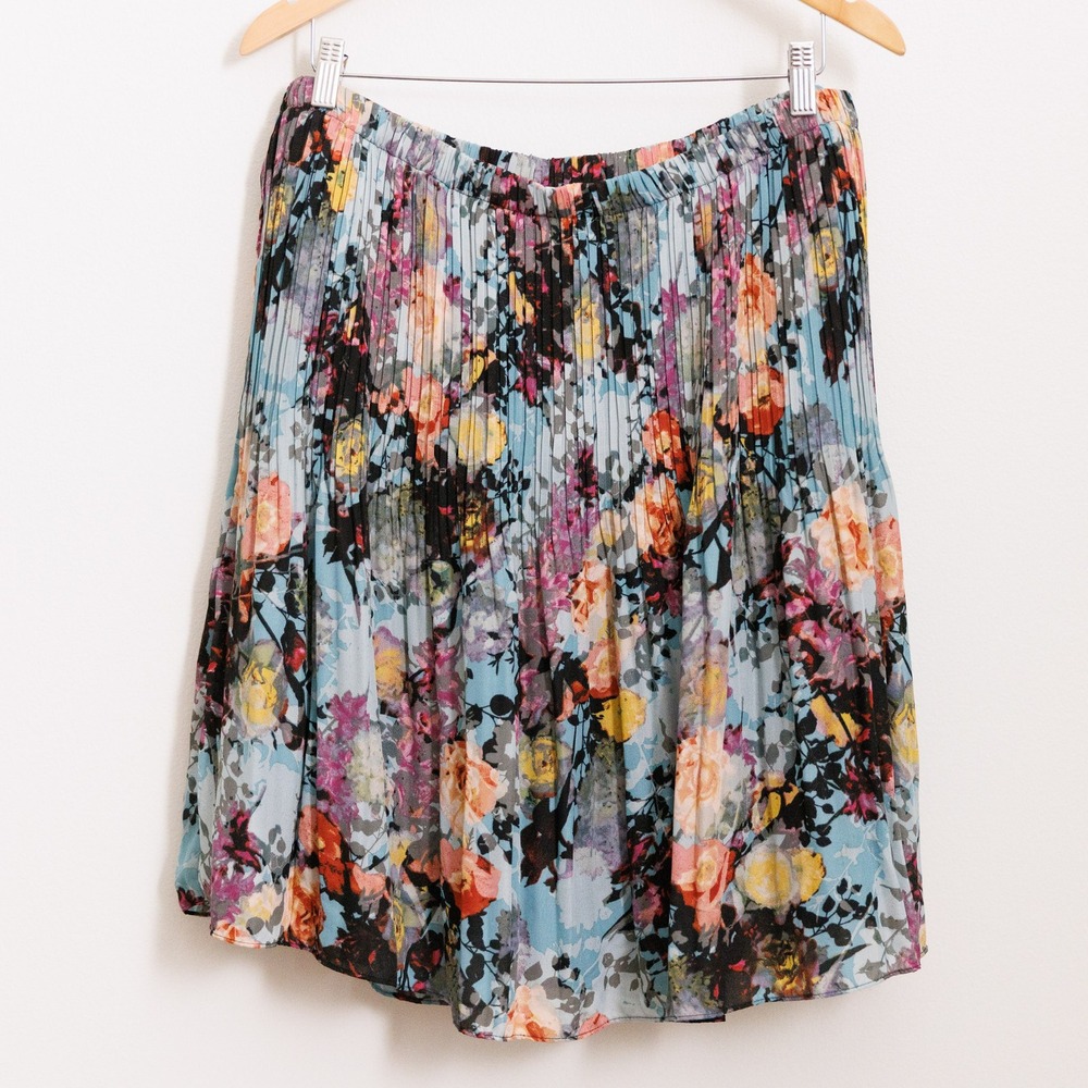 Spense Floral Pleated Midi Skirt Blue Pink Yellow XL Elastic Waist Accordion